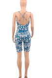 Blue Sexy Print Patchwork Halter Skinny Rompers