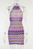 Purple Sexy Print Split Joint Frenulum Backless Halter Pencil Skirt Dresses