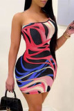 Multicolor Fashion Sexy Print Backless One Shoulder Sleeveless Dress