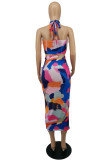 Purple Fashion Sexy Print Backless Halter Sleeveless Two Pieces