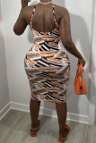 Khaki Fashion Sexy Print Backless Spaghetti Strap Sleeveless Dress
