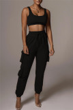 Black Fashion Casual Solid Vests Pants U Neck Sleeveless Two Pieces