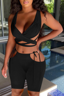 Black Sexy Solid Hollowed Out V Neck Sleeveless Two Pieces