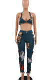 Deep Blue Sexy Print Tassel Patchwork Frenulum Backless Halter Sleeveless Two Pieces