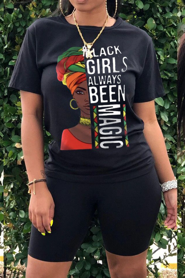 Black Casual Print Patchwork O Neck Short Sleeve Two Pieces
