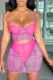 Rose Red Sexy Solid Mesh Spaghetti Strap Sleeveless Two Pieces