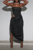 Black Sexy Solid Hollowed Out Halter Irregular Dress Dresses