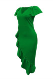 Green Fashion Casual Solid Asymmetrical V Neck Short Sleeve Dress