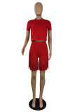Red Fashion Casual Solid Tassel O Neck Short Sleeve Two Pieces