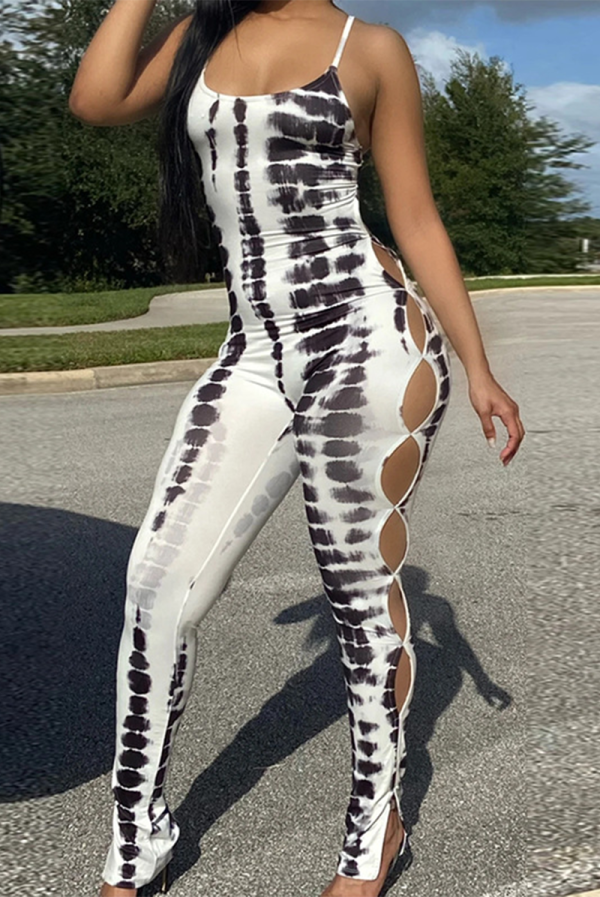 White Sexy Print Hollowed Out Skinny Jumpsuits