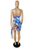 Light Blue Fashion Sexy Print Hollowed Out Fold Halter Sleeveless Dress