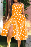 Yellow Sweet Print Polka Dot Patchwork Draw String Slit Spaghetti Strap Princess Dresses