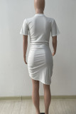 White Casual Solid Patchwork Fold Asymmetrical O Neck Pencil Skirt Dresses