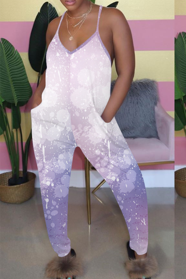 Purple Sexy Print Patchwork Spaghetti Strap Straight Jumpsuits
