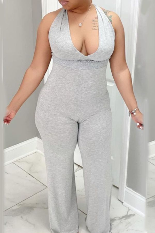Grey Casual Solid Patchwork Halter Regular Jumpsuits