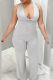Grey Casual Solid Patchwork Halter Regular Jumpsuits
