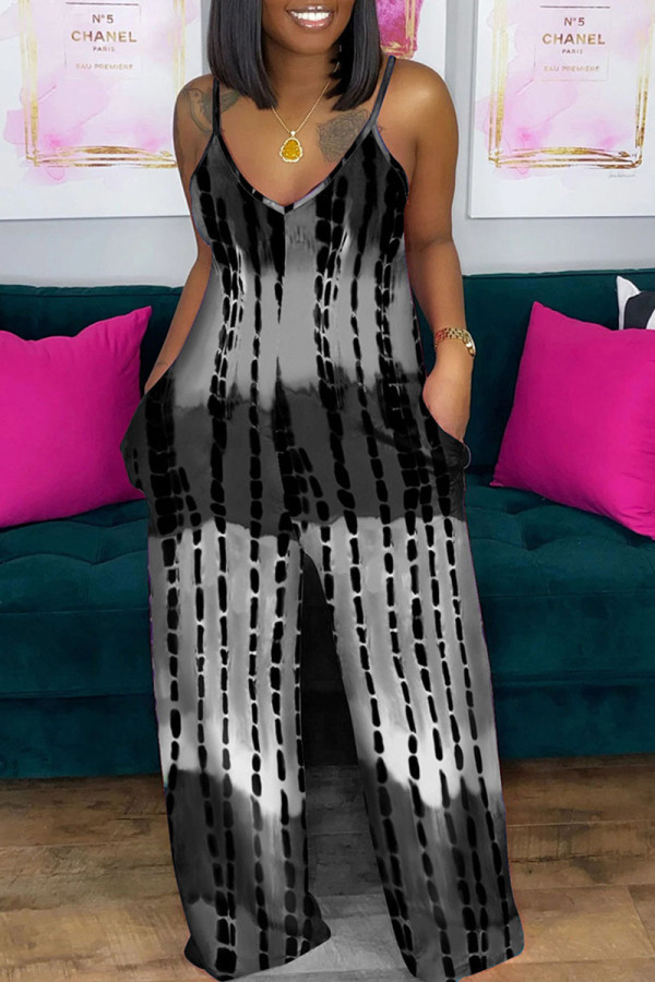 Grey Casual Print Patchwork Pocket V Neck Loose Jumpsuits