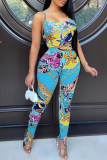 Yellow Sexy Print Hollowed Out Spaghetti Strap Sleeveless Two Pieces