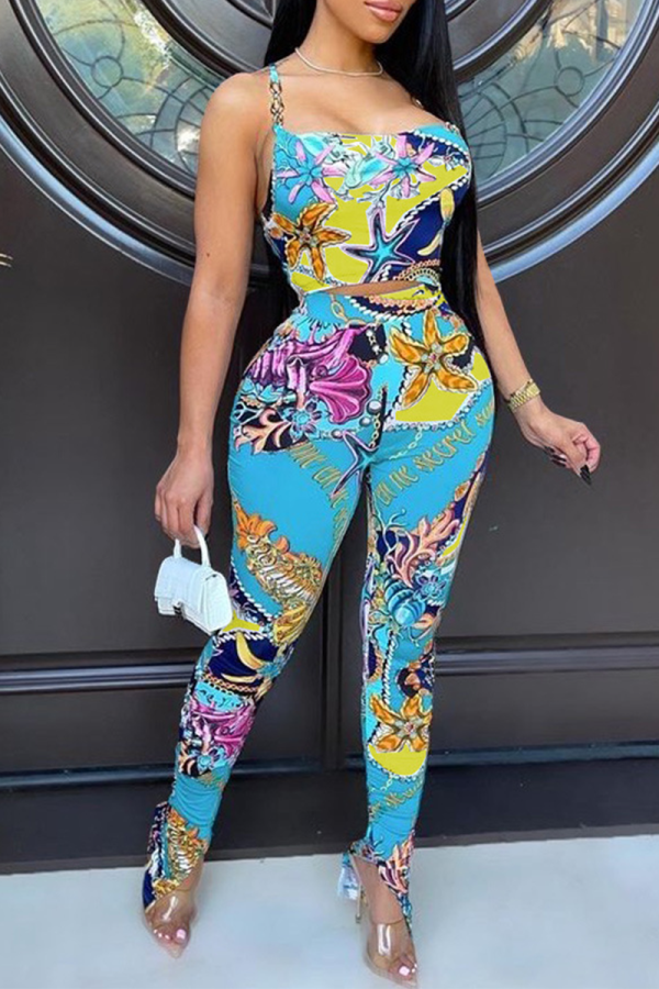 Yellow Sexy Print Hollowed Out Spaghetti Strap Sleeveless Two Pieces
