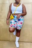 Multi-color Fashion Casual Print Basic Asymmetrical Regular High Waist Shorts