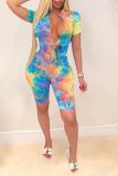 Blue Sexy Striped Tie-dye Zipper Collar Skinny Rompers