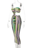 Green Sexy Striped Print Bandage Patchwork Strapless Sleeveless Two Pieces