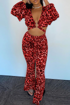 Red Sexy Leopard Split Joint V Neck Long Sleeve Two Pieces