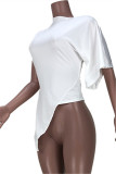 White Fashion Solid Patchwork Asymmetrical O Neck T-Shirts