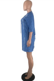 Blue Fashion Casual Print Basic V Neck Half Sleeve Dresses
