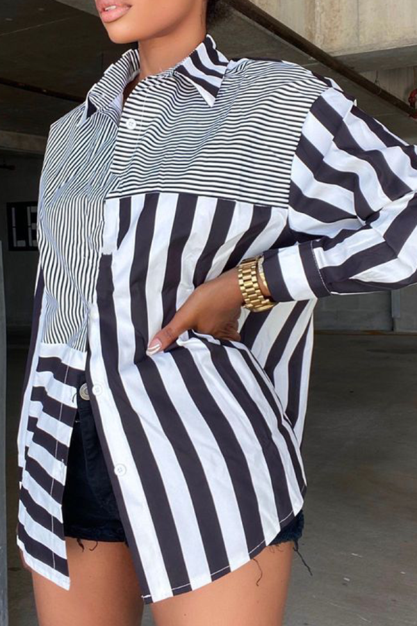 Black Casual Striped Patchwork Turndown Collar Shirt Dress Dresses