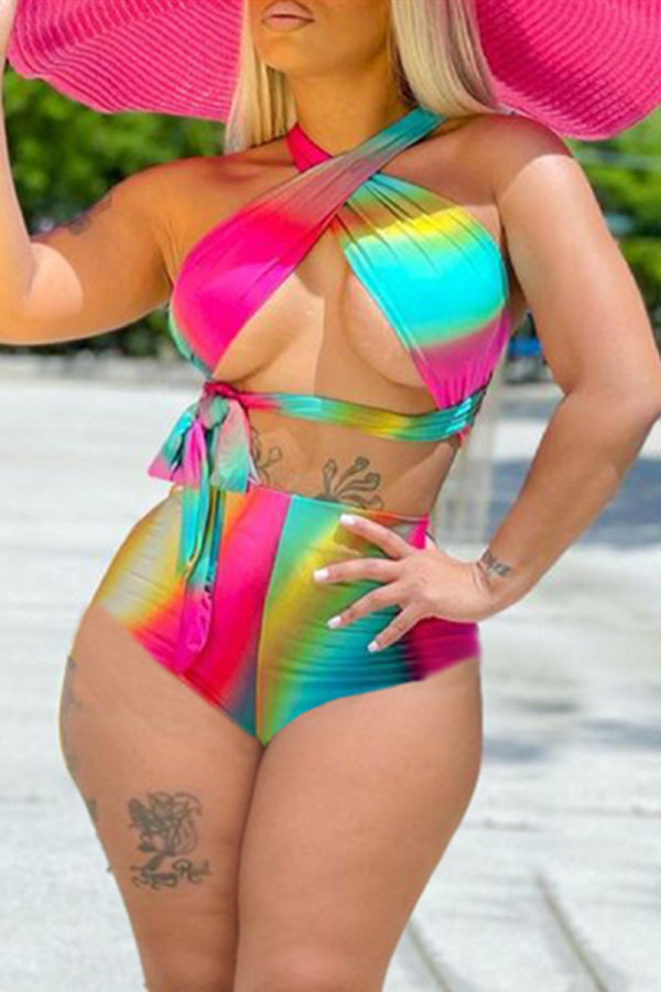 Colour Fashion Sexy Print Hollowed Out Backless Swimwears