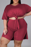 Pink Fashion Casual Solid Slit V Neck Tops Plus Size Two-piece Set