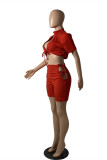 Red Fashion Sexy Solid Bandage Hollowed Out Half A Turtleneck Short Sleeve Two Pieces