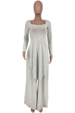 Light Gray Fashion Casual Solid Asymmetrical O Neck Long Sleeve Two Pieces