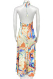 Orange Fashion Sexy Print Backless Spaghetti Strap Sleeveless Dress