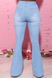 Dark Blue Fashion Casual Solid Bandage High Waist Regular Jeans