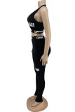 Black Casual Sportswear Letter Print Vests Pants O Neck Sleeveless Two Pieces