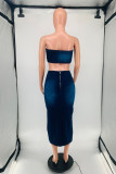 Dark Blue Sexy Casual Solid Backless Slit Strapless Sleeveless Two Pieces