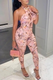 Pink Fashion Sexy Print Backless Halter Skinny Jumpsuits