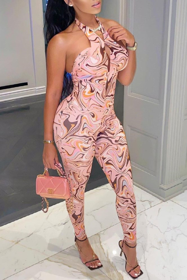 Pink Fashion Sexy Print Backless Halter Skinny Jumpsuits