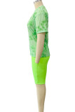 Ink Green Fashion Casual Print Basic O Neck Short Sleeve Two Pieces