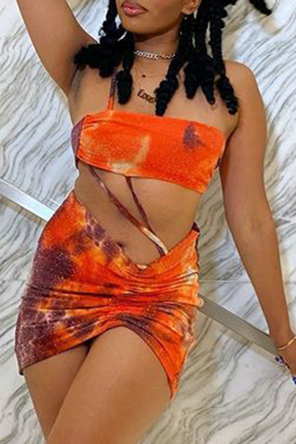Orange Sexy Print Patchwork Strapless Sleeveless Two Pieces