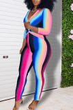 Blue Street Striped Print Patchwork V Neck Skinny Jumpsuits