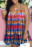 Red Sexy Print Patchwork Halter Cake Skirt Dresses
