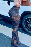 Dark Brown Street Print Patchwork Boot Cut High Waist Speaker Full Print Bottoms