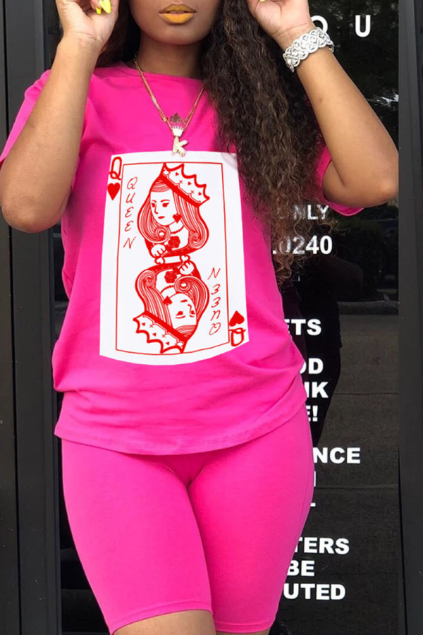 Rose Red Casual Print Patchwork O Neck Short Sleeve Two Pieces