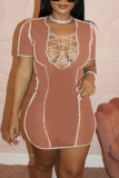 Pink Sexy Solid Patchwork Frenulum V Neck A Line Dresses