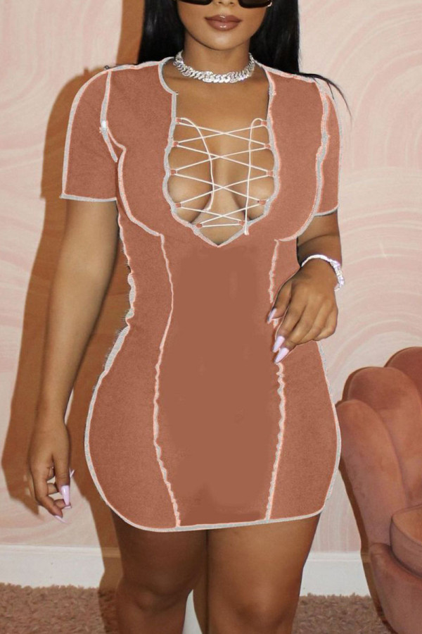 Pink Sexy Solid Patchwork Frenulum V Neck A Line Dresses