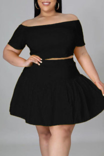 Black Casual Solid Split Joint Off the Shoulder A Line Plus Size Two Pieces