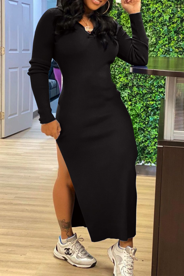 Black Sexy Solid Backless O Neck Irregular Dress Dresses